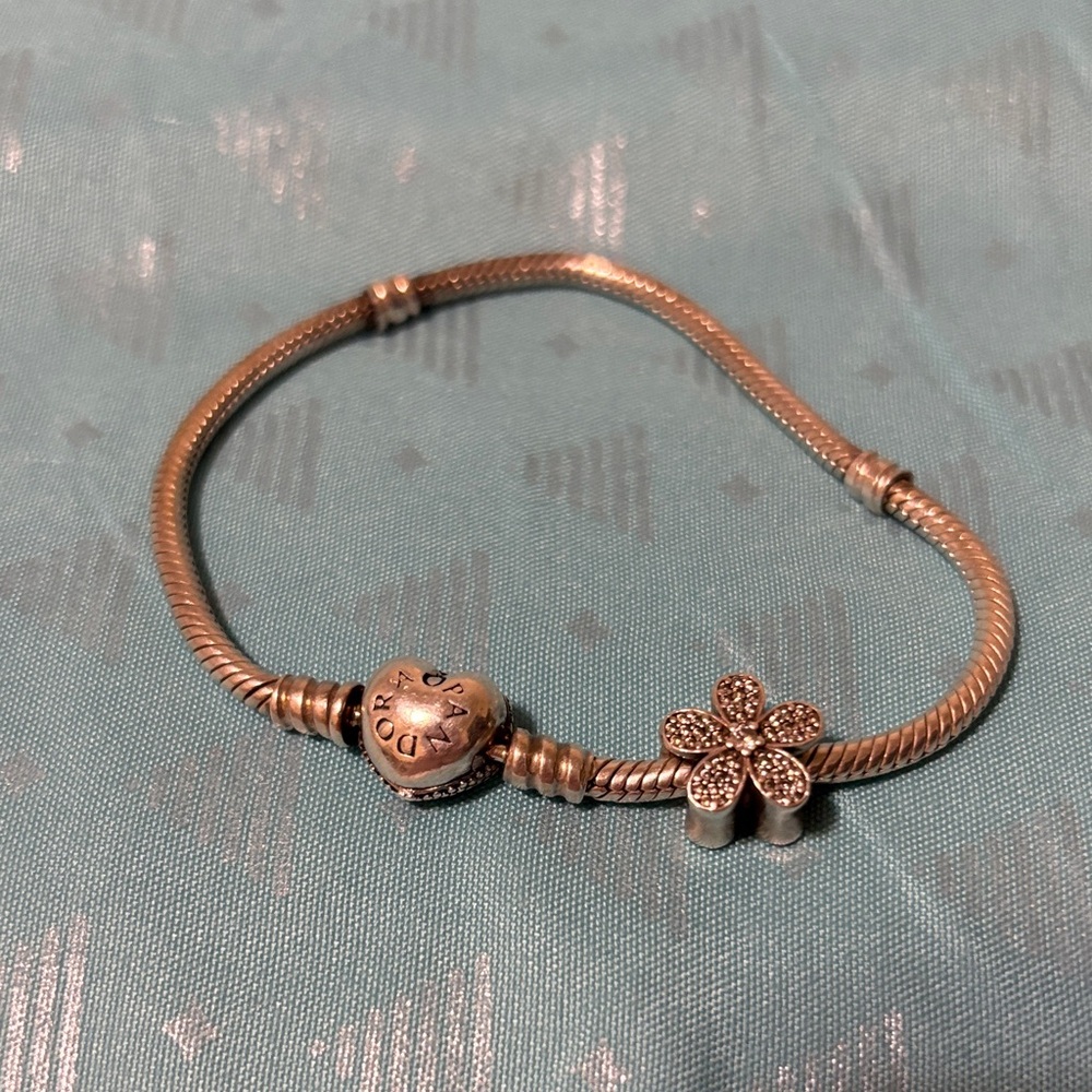 Pandora  Bracelet with Heart and diamond Flower Charms